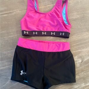 Under Armour Vibrant Pink and Black Athletic Bra and Shorts Set